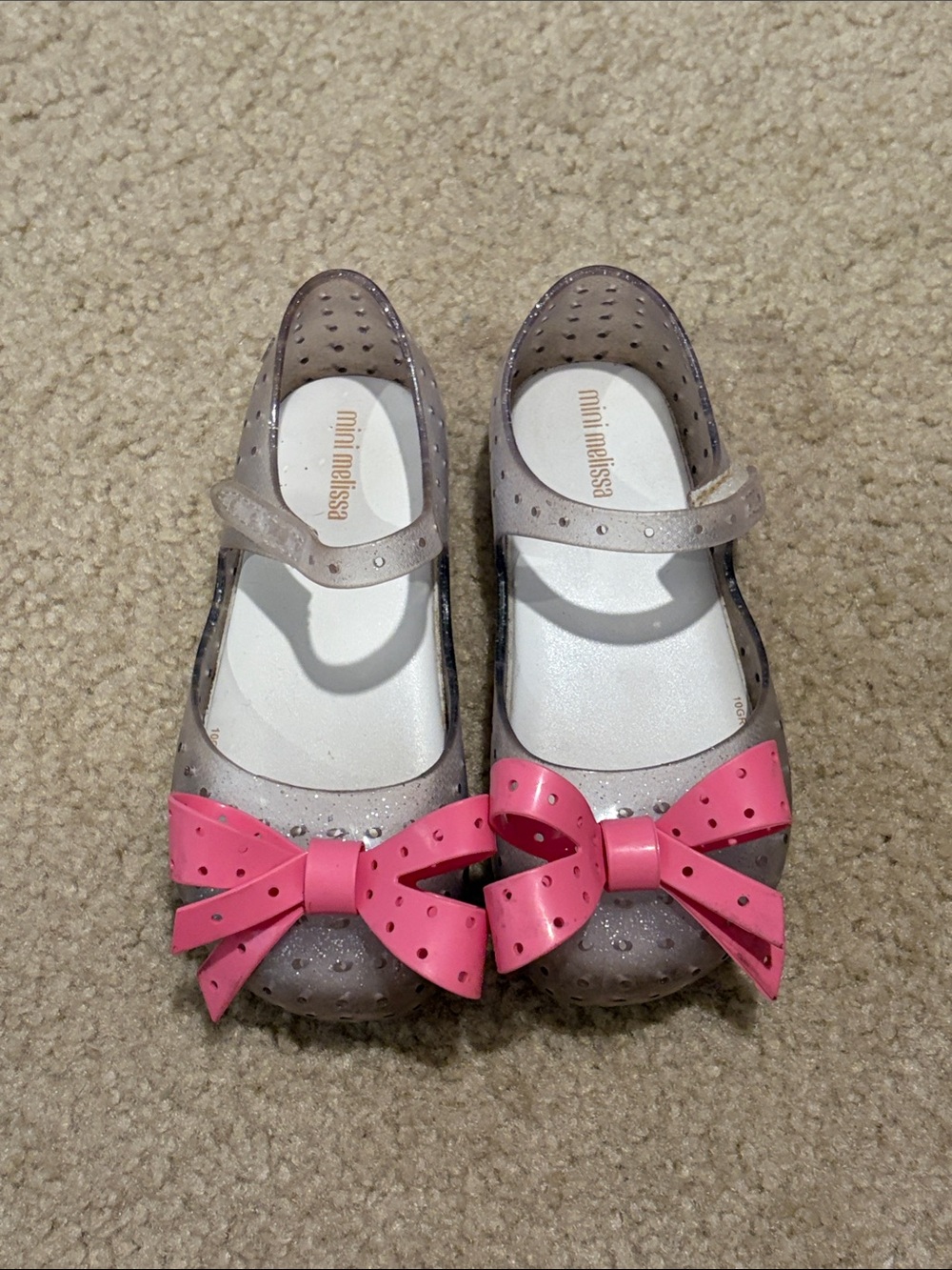 Mini Melissa Glitter Taupe Mary Jane Jelly Shoes with Pink Bows